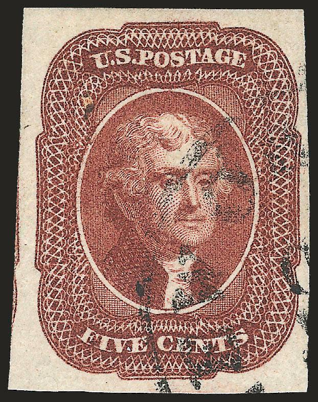 5c Red Brown (12).> Enormous margins all around incl. part of adjoining stamp at left, remarkably rich and vibrant color, light strike of New Orleans circular datestamp<><>^EXTREMELY FINE GEM. A BEAUTIFUL
LIGHTLY-CANCELLED LARGE-MARGINED EXAMPLE OF