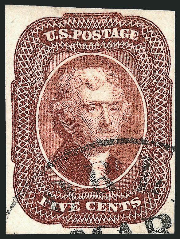 5c Red Brown (12).> Clear <stitch watermark,> large margins to full, bright shade, face-free strike of New Orleans circular datestamp, Very Fine and choice, Brun backstamp