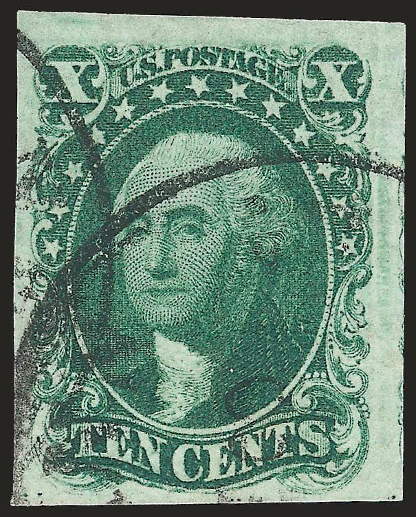 10c Green, Ty. I (13).> Large to huge margins, magnificent deep intense color, circular datestamps, Extremely Fine, with 2000 P.F. certificate