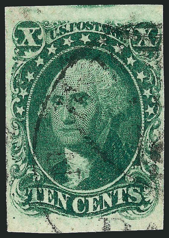 10c Green, Ty. I (13).> Huge margins to clear incl. part of <sheet margin> at bottom, intense shade and impression, neat circular datestamp cancel, Very Fine, Brun backstamp