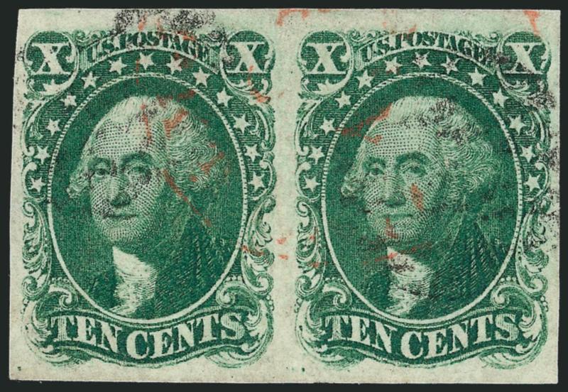 10c Green, Ty. I (13).> Horizontal pair, large even margins, light strikes of grid and red circular datestamp cancels, Very Fine and choice, scarce multiple, the 10c Type Is come only from the bottom row,
therefore the only multiples are pairs or st