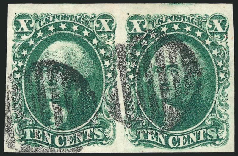 10c Green, Ty. II (14).> Horizontal pair, huge margins to full incl. trace of adjoining stamp at top right, rich color on bright paper, bold grid cancels, Extremely Fine, with 1977 P.F. certificate