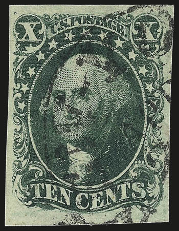 10c Green, Ty. II, III (14, 15).> No. 14 Pos. 33L, mostly large to huge margins, rich colors, circular datestamps, Very Fine and choice lot, 1989 and 1981 P.F. certificates respectively