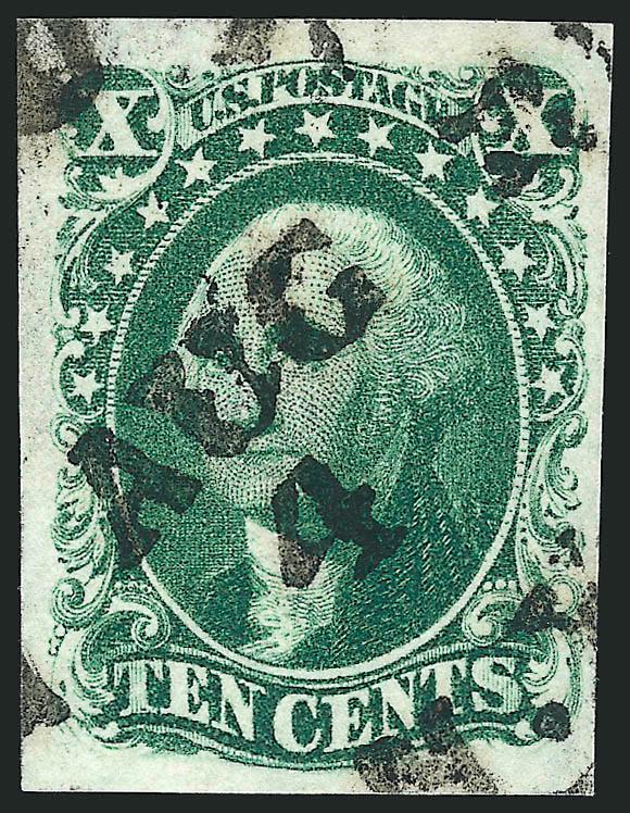 10c Green, Ty. IV (16).> Position 64L1, <recut at top and bottom,> large to huge margins, rich color, bold strike of New York circular datestamp<><>^EXTREMELY FINE. A STRIKING LARGE-MARGINED EXAMPLE OF THE 1855
10-CENT TYPE IV WITH DOUBLE RECUT.^<