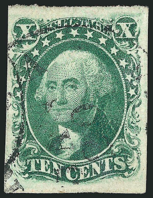 10c Green, Ty. IV (16).> Position 86L1, recut at top, huge margins to full at left, bright shade, unobtrusive strikes of circular datestamp<><>^EXTREMELY FINE. A PARTICULARLY CHOICE USED EXAMPLE OF THE 1855
10-CENT TYPE IV.^<><>With copy of 1985