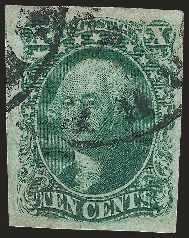 10c Green, Ty. IV (16).> Position 3R1, recut at top, one of the misplaced relief positions, large to huge margins, rich color, circular datestamps, faint toning top and bottom, otherwise Extremely Fine, with
2008 P.F. certificate
