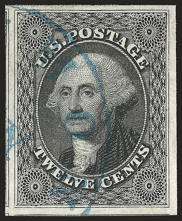 12c Black (17).> Large to huge margins all around incl. traces of adjoining stamps at left and bottom, clear impression, pretty <blue> circular datestamp, Extremely Fine Gem