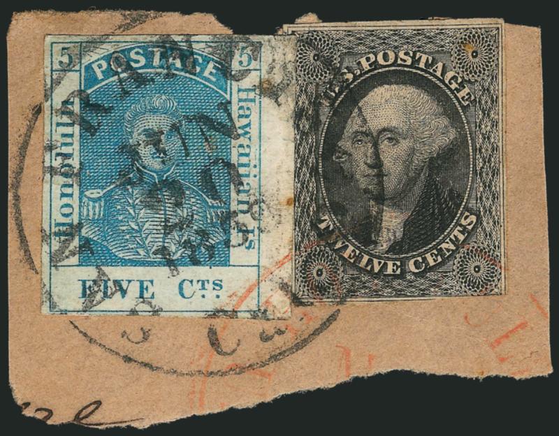 12c Black (17).> Ample margins to barely in, <used with Hawaii 1853 5c Blue, Thick White Wove (5),> large margins incl. sheet margin at right, tiny corner crease at top left, tied on small piece by San
Francisco Cal. Jun. 20, 1859 circular datestam