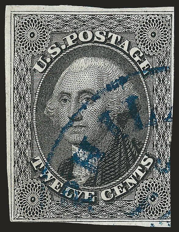 12c Black, Part India Paper (17 var.).> Position 30L1, margins to slightly in, dark blue Philadelphia circular datestamp (the usual source of this paper variety), nearly Fine, with 1980 P.F. certificate
