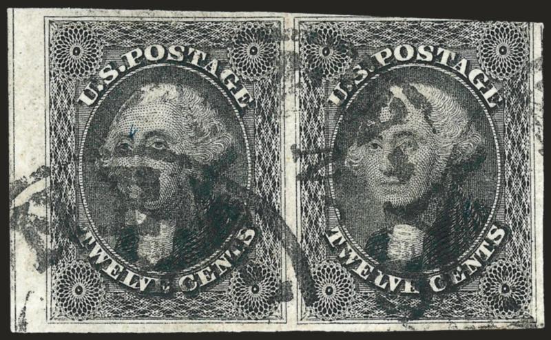 12c Black (17).> Three singles and horizontal pair, <all Plate 1 center line positions> (1R, 11R, 51-52R and 70L), circular datestamps, small faults (not visible from front), Very Good-Fine appearance