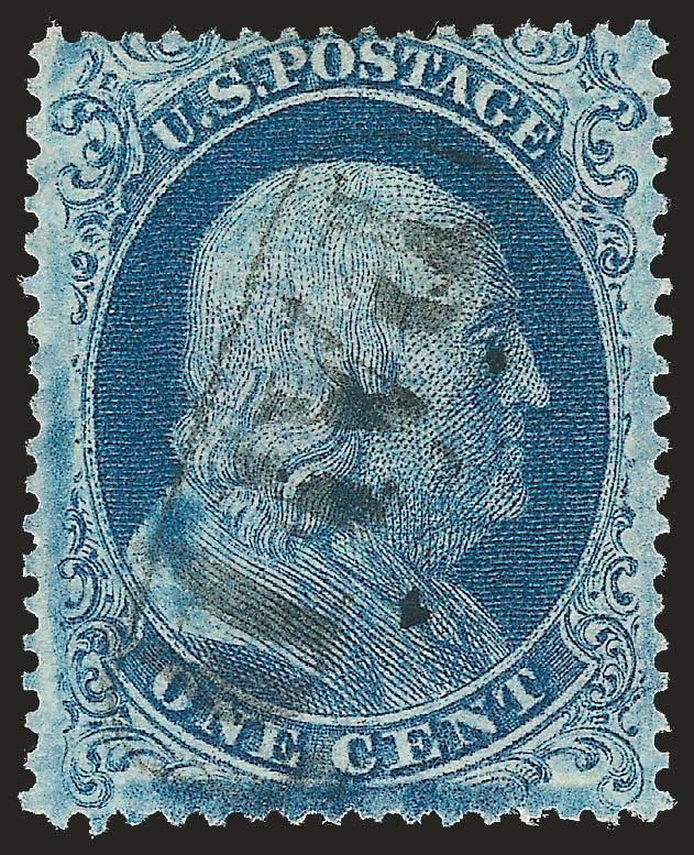 1c Blue, Ty. I (18).> Wide margins, typical overall plate wash, framed Paid cancel, Very Fine, with 1982 and 2001 P.F. certificates