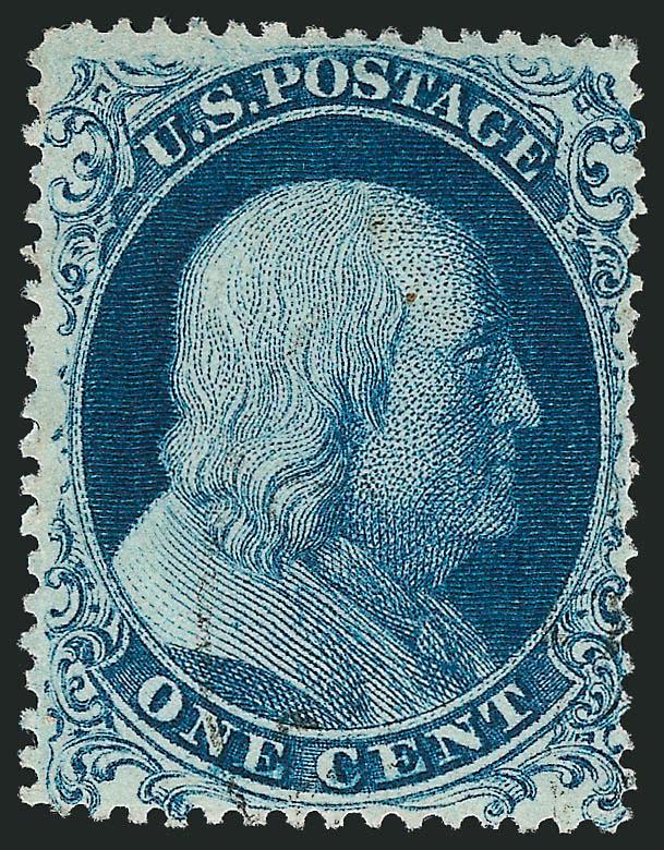 1c Blue, Ty. Ia (19).> Position 98L4, choice centering for this difficult issue, rich color, light strike of circular datestamp, reperfed at right, Very Fine appearance, rare and unusually choice centering,
with 2007 P.S.E. certificate