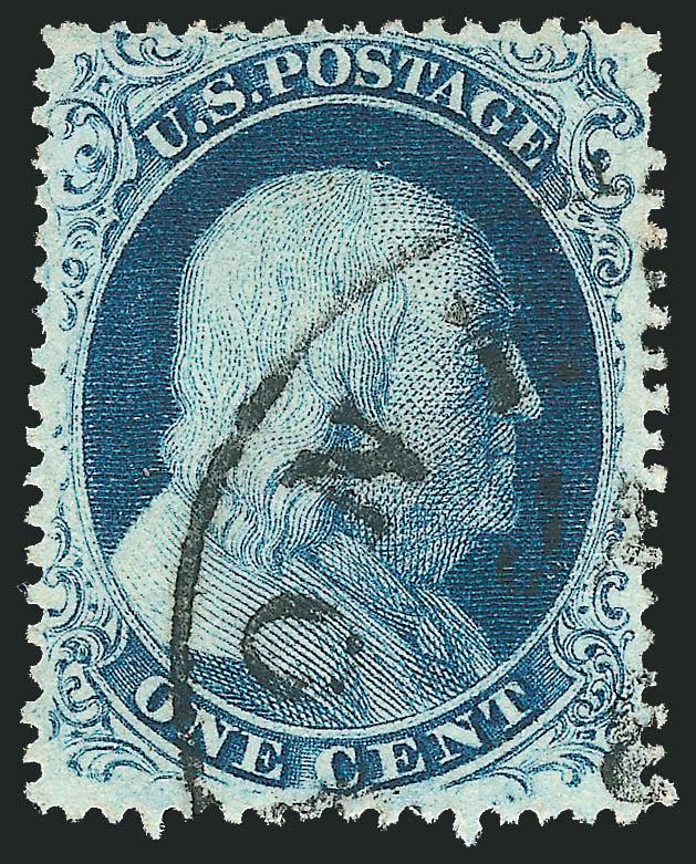 1c Blue, Ty. III (21).> Rich Plate 4 color on bright paper, neat strike of circular datestamp, choice centering for this difficult issue, single short perf at upper right, Very Fine appearance, with 2007 P.S.E.
certificate (F 70 SMQ $1,400.00)