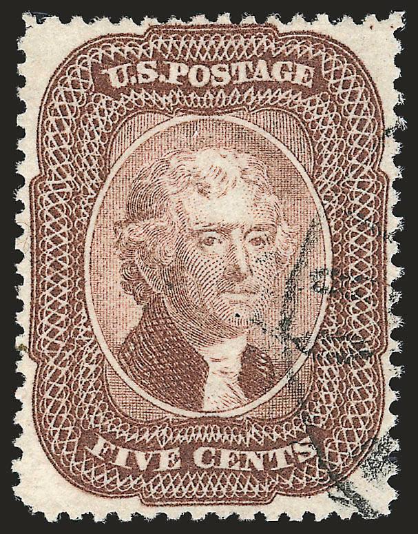 5c Brown (29).> Wonderfully well-centered, rich color and with face-free circular datestamp, trivial rounded corner perf, otherwise Extremely Fine, with 1987 P.F. certificate for horizontal pair (left
stamp)