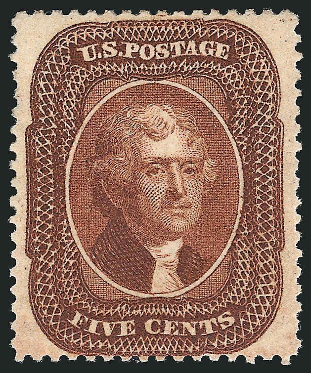 5c Orange Brown, Ty. II (30).> Original gum, very dark shade and proof-like impression, well-centered for this difficult issue, tiny nibbed perf at upper left, otherwise Very Fine, with 1987 P.F.
certificate