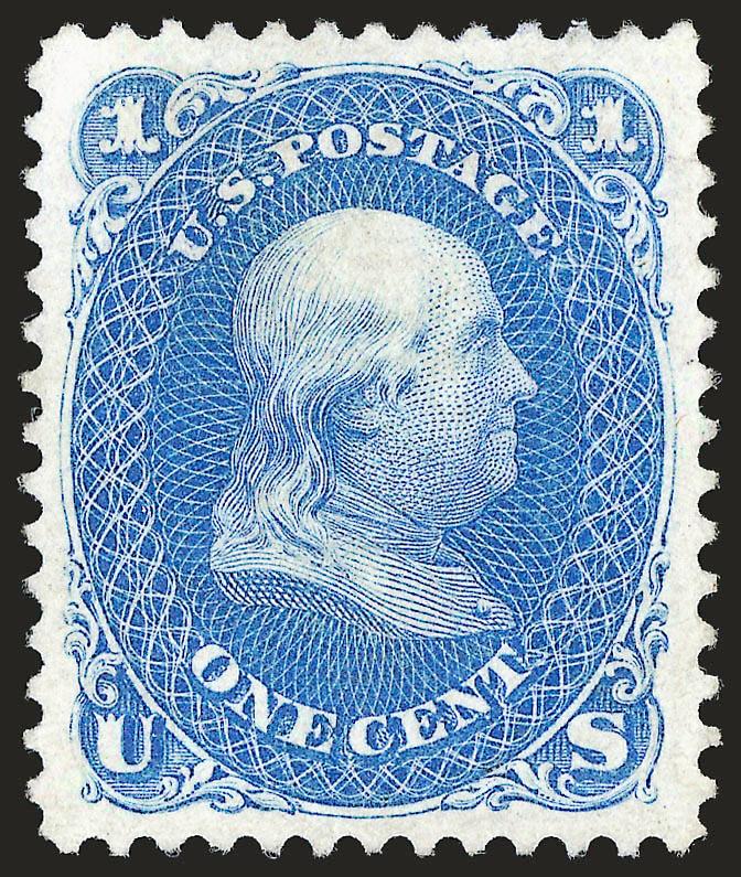 1c Blue, Re-Issue (102).> Unused (no gum), lovely margins and essentially perfectly centered, vivid color, Extremely Fine Gem, with 2008 P.S.E. certificate (XF-Superb 95 SMQ $900.00)