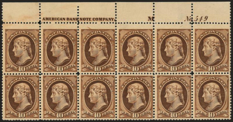 10c Brown (209).> Top imprint, M and plate no. 549 block of twelve, original gum, lightly hinged, some very neat perf strengthening in margin of little consequence, Fine-Very Fine and handsome, an extremely
scarce plate block