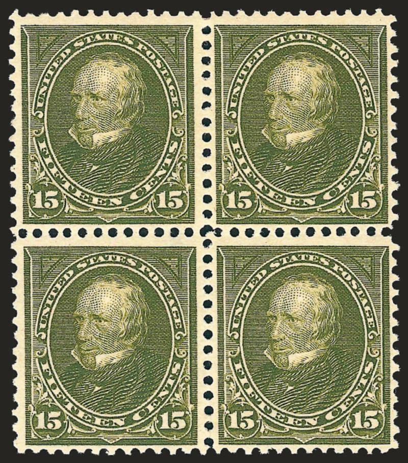 15c Olive Green (284).> Block of four, bottom pair Mint N.H. (left stamp has tiny spot on gum), rich color, Fine, Scott Retail as singles (two Mint N.H.)