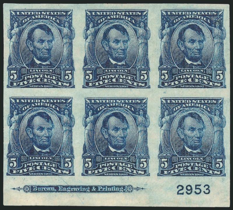5c Blue, Imperforate (315).> Bottom imprint and plate no. 2953 block of six, barely hinged, large margins all around<><>^EXTREMELY FINE. A BEAUTIFUL PLATE BLOCK OF THE 1908 5-CENT IMPERFORATE LINCOLN
ISSUE.^<><>A very attractive plate block.