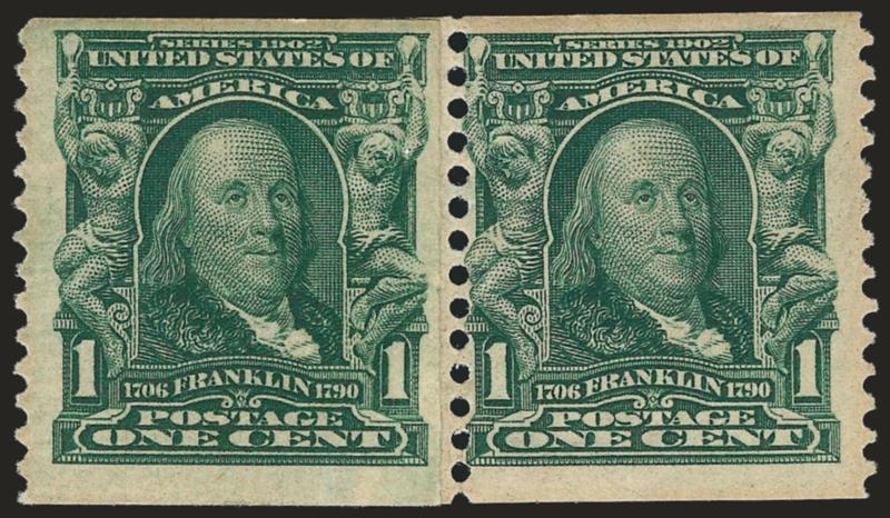 1c Blue Green, Coil (318).> Pair with part imprint paste-up, lightly hinged, fresh, deep rich color<><>^FINE. A VERY RARE AND DESIRABLE ONE-CENT BLUE GREEN 1908 COIL PAIR.^<><>With 1998 P.F. certificate