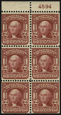 2c Shield Issue, Booklet Panes of Six (319g, 319n, 319p, 319h).> Each Position D with <plate no.,> lightly hinged, rich colors, Fine-Very Fine, a wonderful group showing the different shades, No. 319p with
2000 P.F. certificate