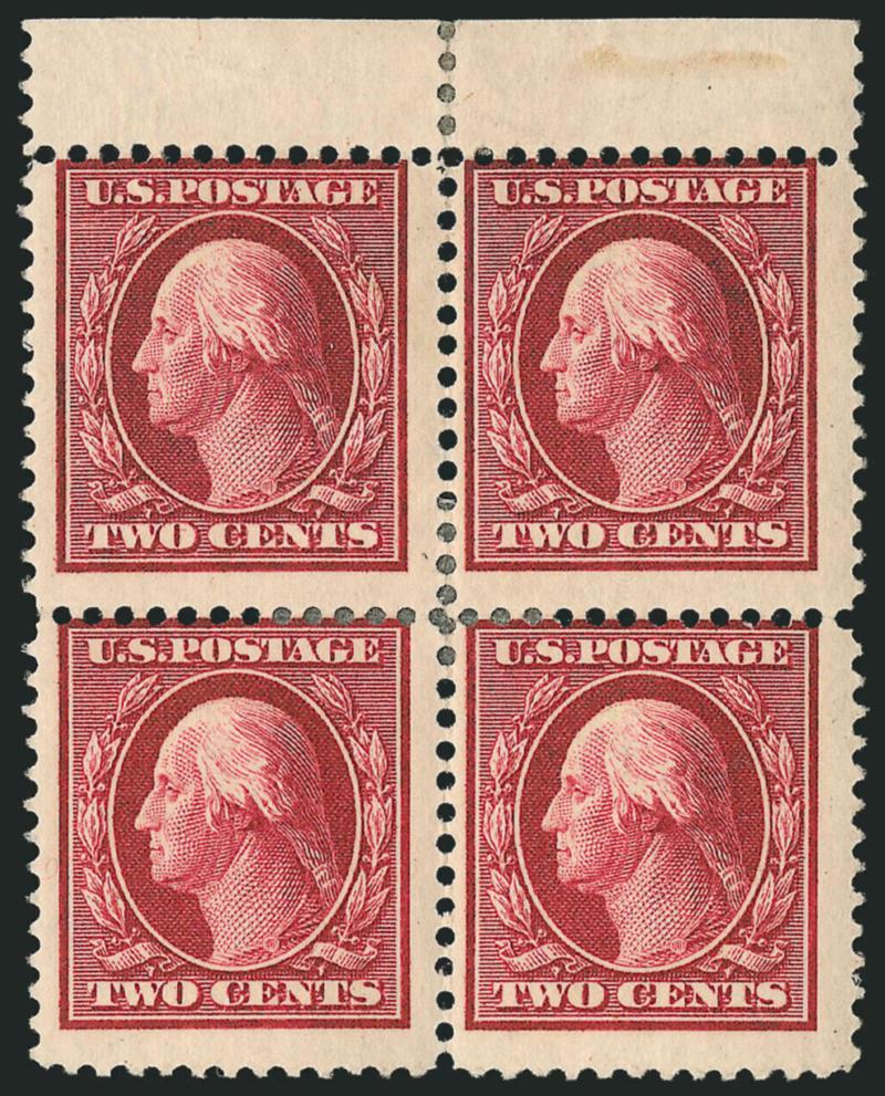 2c Lake (375b).> Block of four with selvage at top, h.r., deep rich color in the Lake shade<><>^FINE BLOCK OF FOUR OF THE 2-CENT 1910 WASHINGTON ISSUE IN THE SCARCE LAKE SHADE.^<><>Through an error at the
Bureau of Engraving and Printing, a small