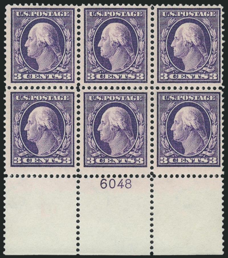 3c Deep Violet (376).> Mint N.H. bottom plate no. 6048 block of six with wide selvage, deep rich color, proof-like impression, Very Fine, scarce with such wide selvage at bottom