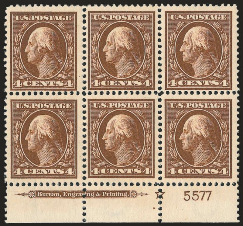 4c Brown (377).> Mint N.H. bottom imprint, star and plate no. 5577 block of six, wide margins and deep rich color, left pair natural gum skip line, Fine-Very Fine
