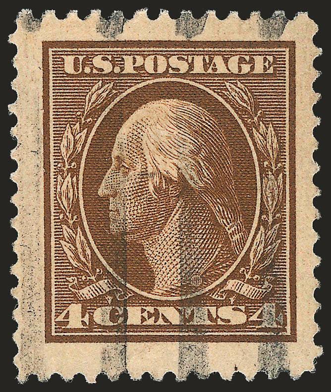 4c Brown (377).> Unbelievably enormous margins, almost the size of a small die proof, rich color, bars cancel, in a class by itself and if there were a grade called Super Jumbo, this would be it, with 2008 P.F.
certificate for a vertical pair (bott