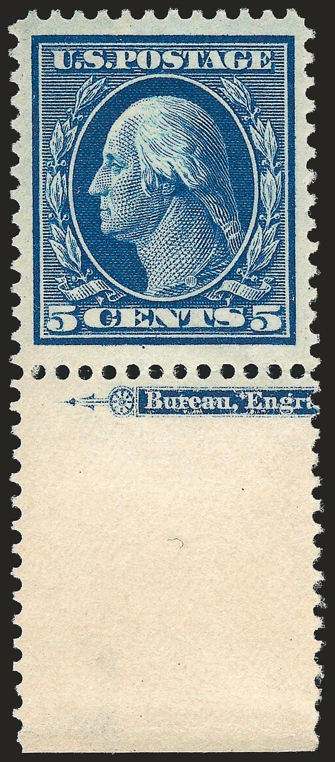5c Blue (378).> Mint N.H. with part bottom imprint selvage, magnificent margins and centering, intense color on crisp paper, Very Fine and choice, conservatively graded in our opinion, sure looks like 90J to
us, with 2008 P.S.E. certificate (VF-XF 85