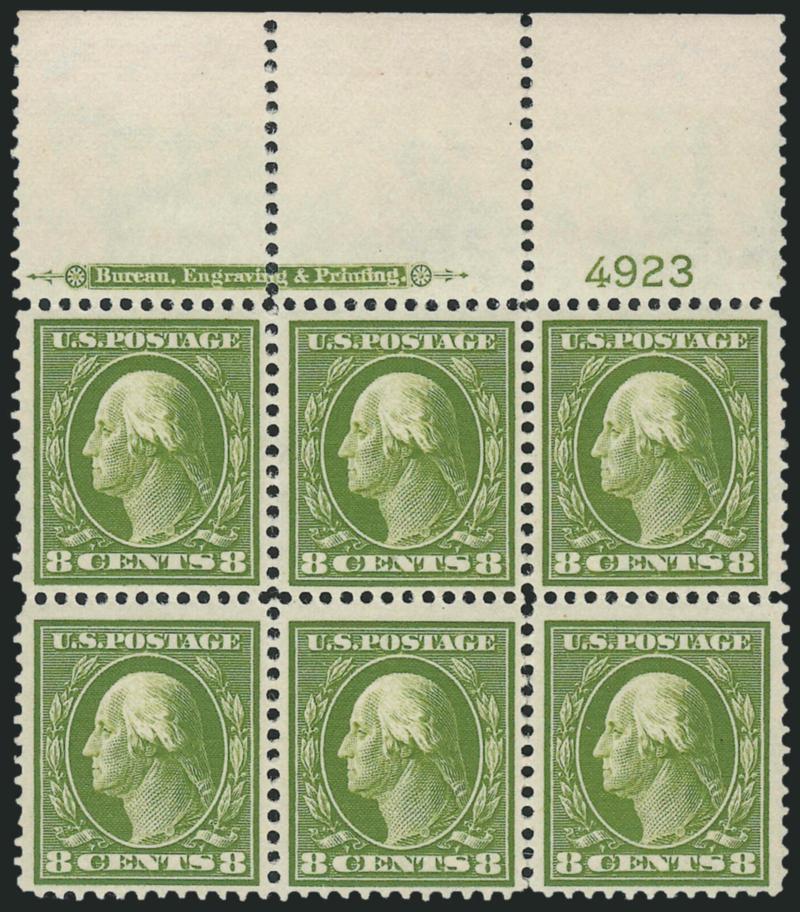 8c Olive Green (380).> Top imprint and plate no. 4923 block of six with wide selvage, barely hinged at bottom right, four other stamps Mint N.H., pretty shade, Very Fine, an attractive plate block, with 1997
P.F. certificate stating the block is Mint