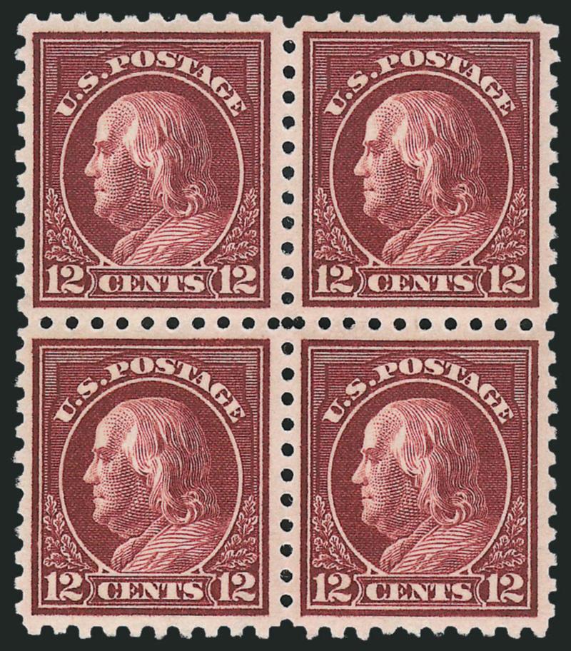 12c Claret Brown (435).> Mint N.H. block of four, deep rich color, superior centering, Extremely Fine, destined to be broken and so Scott Retail as four Mint N.H. singles