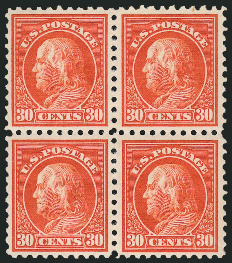 30c Orange Red (439).> Block of four, lightly hinged, vibrant color, fresh and Very Fine
