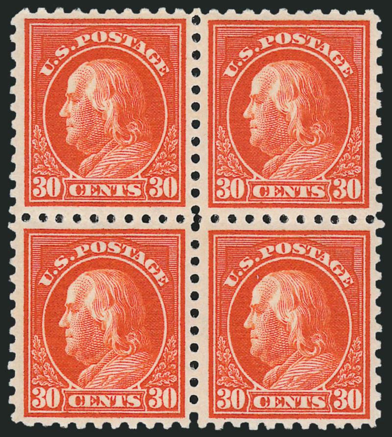 30c Orange Red (439).> Block of four, lightly hinged, brilliant color, few tiny natural gum skips, Very Fine