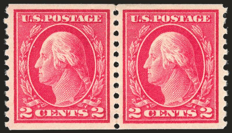 2c Carmine, Coil (444).> Pair, essentially flawless centering, strong vivid color, Extremely Fine Gem pair, with 2008 P.S.E. certificate (XF-Superb 95 SMQ $290.00)