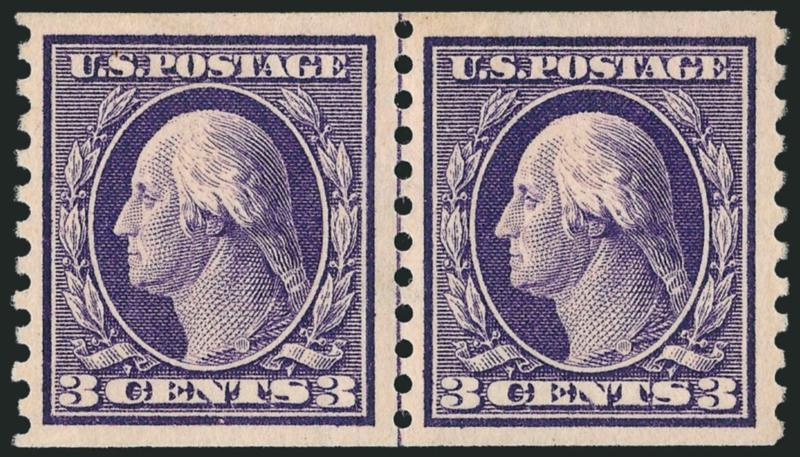 3c Violet, Coil (445).> Guide line pair, rich color, wide margins, Extremely Fine