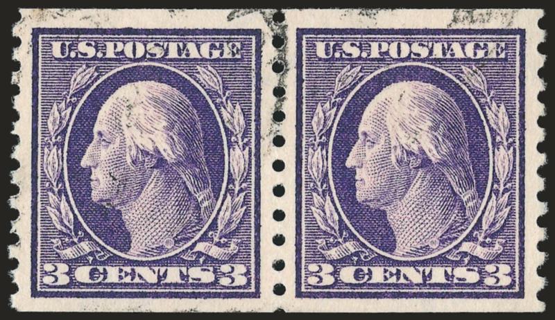 3c Violet, Coil (445).> Pair, bright color, detailed impression, unusually wide and balanced margins, unobtrusive cancel<><>^EXTREMELY FINE GEM. A SUPERB USED PAIR OF THE 3-CENT HORIZONTAL COIL, SCOTT 445, IN
THE FINEST CONDITION ATTAINABLE.^<><>