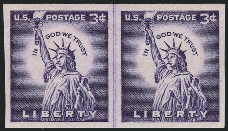 3c Liberty Coil, Imperforate (1057a).> Joint line pair, single hinge mark, large margins, rich color, Very Fine and choice, scarce, Scott Retail as Mint N.H.