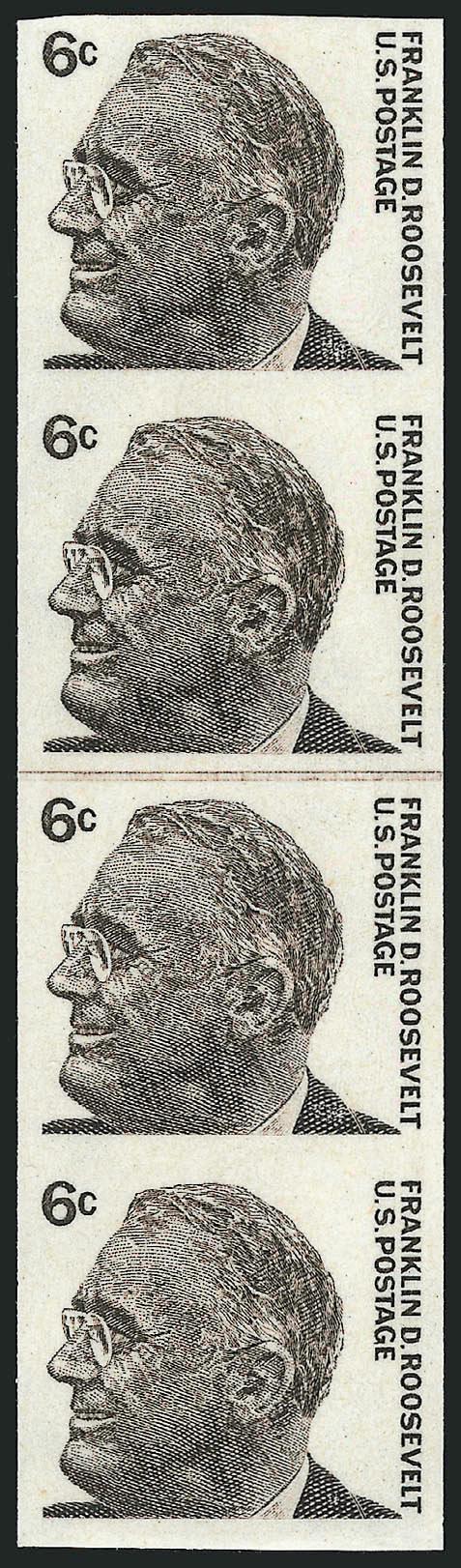 6c Roosevelt Coil, Imperforate (1298a).> Mint N.H. <joint line strip of four,> large margins, rich color<><>^VERY FINE AND CHOICE. THIS JOINT LINE STRIP OF FOUR OF THE 6-CENT 1967 ROOSEVELT COIL IS EXCEEDINGLY
RARE.^<><>Ex Floyd. Scott Retail as