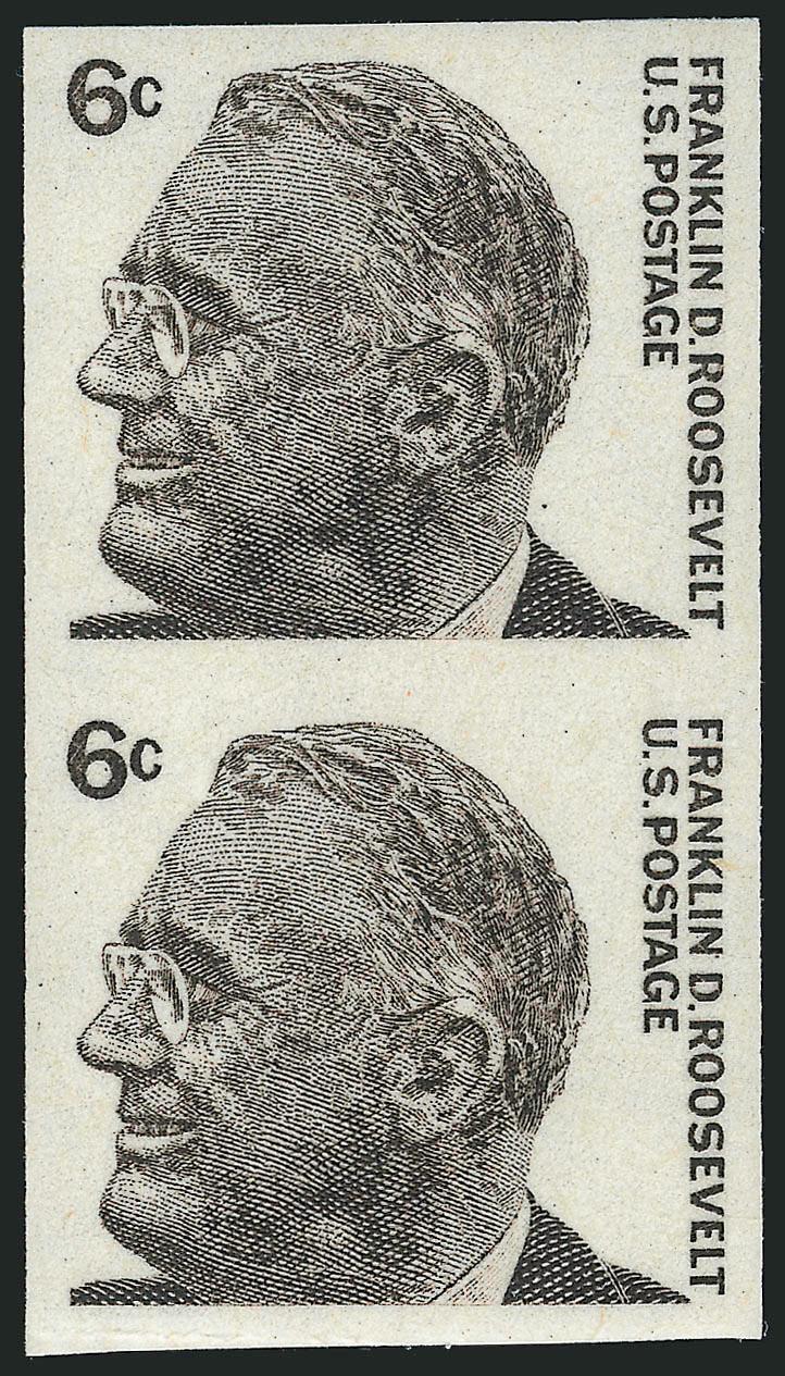 6c Roosevelt Coil, Imperforate (1298a).> Mint N.H. pair, large margins, rich color, Very Fine and choice, scarce, perhaps three dozen or so pairs are known