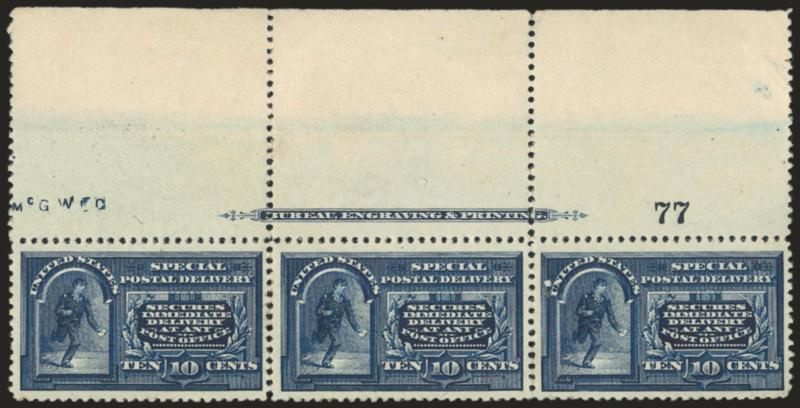10c Blue, Special Delivery (E4).> Original gum, very wide top imprint and plate no. 77 strip of three, lightly hinged, tiny thin speck at bottom left, perf disc adherence on face of right stamp , otherwise Very
Fine, a very pretty and rare strip, wit
