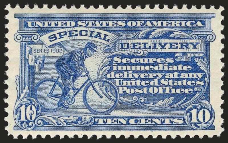 10c Ultramarine, Special Delivery (E6).> Remarkably well-centered with balanced margins, lovely color and impression, lightly hinged, Extremely Fine Gem, one of the scarcest Special Delivery stamps to find in
choice condition, with 2008 P.S.E. certif