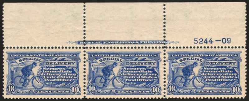 10c Ultramarine, Special Delivery (E6).> Top imprint and plate no. 5244-09 strip of three, lightly hinged in selvage, stamps Mint N.H., wide margins, couple inconsequential light gum bends, Very Fine-Extremely
Fine, Scott Retail as three Mint N.H. si