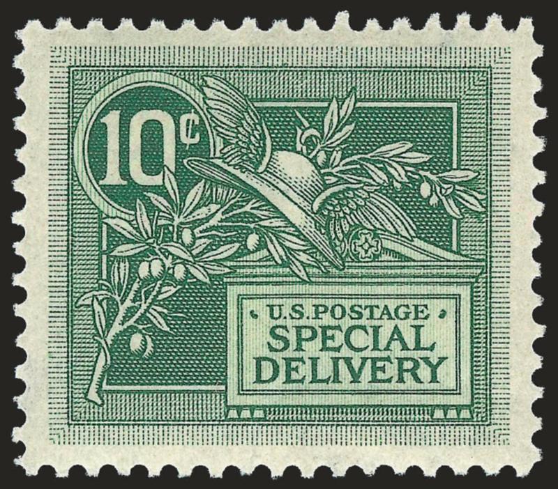 10c Green, Special Delivery (E7).> Mint N.H., rich color, detailed impression. well-balanced margins, Extremely Fine, with 2007 P.S.E. certificate (XF 90 SMQ $350.00)