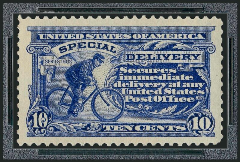 10c Ultramarine, Special Delivery (E8).> Original gum, lightly hinged, deep rich color, Jumbo margins, Extremely Fine, a huge stamp, P.S.E. encapsulated (XF-Superb 95 Jumbo SMQ $280.00 as 95, $500.00 as 98),
only five have graded higher to date and