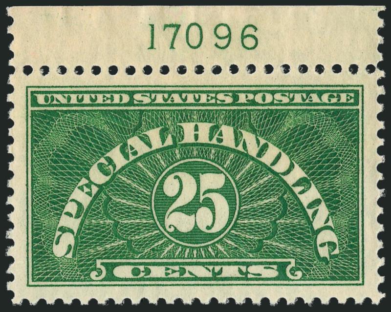 10c Yellow Green, Special Handling (QE4).> Mint N.H. with top plate no. 17096, very wide balanced margins of near Jumbo proportions, fresh and with clear impression, Extremely Fine Gem, with 2007 P.S.E.
certificate (Superb 98 SMQ $385.00)