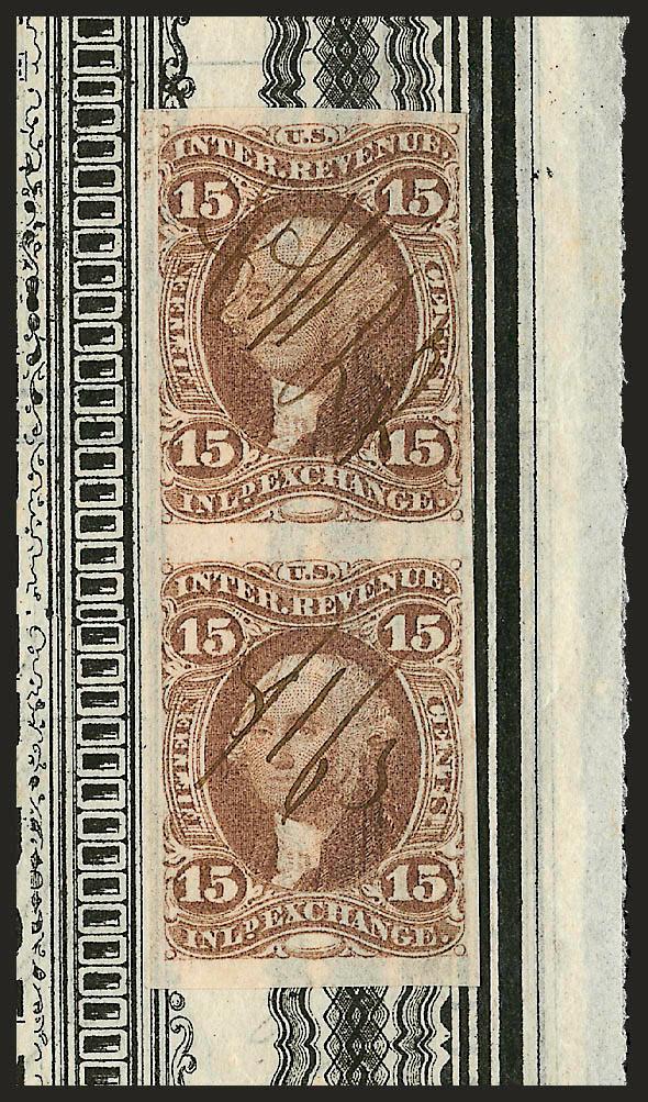 15c Inland Exchange, Imperforate (R40a).> Vertical pair, full to large margins, neat Aug. 1, 1865 ms. cancel, used on large Elmira and Williamsport Railroad Company stock certificate, folds, Very Fine and
choice pair and scarce use on document