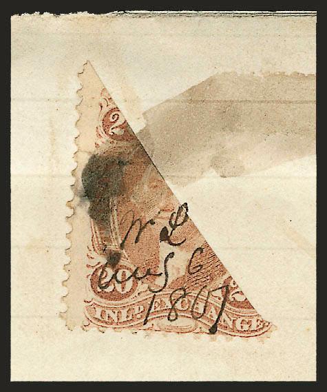 20c Inland Exchange, Perforated, Half Used as 10c (R42e).> Bottom left diagonal half tied by smear from ms. cancel on insurance agreement dated Aug. 6, 1867, Fine, this is the Scott listing example according to
an accompanying letter from Hugh M. Cla