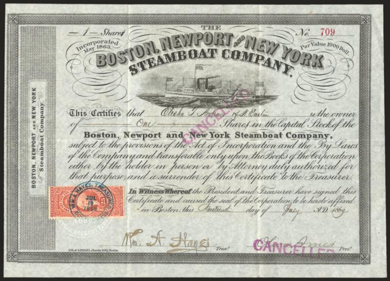 25c Certificate, Perforated (R44c).> Tied by blue Jul. 19, 1869 double-circle datestamp on Boston, Newport and New York Steamboat Company stock certificate <signed by Oliver Ames,> brother of Oakes Ames of the
Credit Mobilier scandal, folds, Very Fin