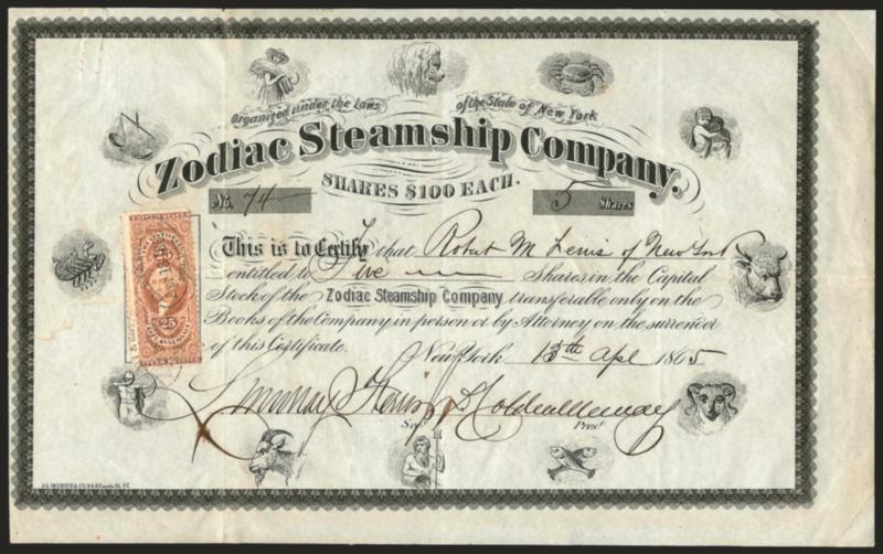 25c Life Insurance, Perforated (R47c).> Tied by Apr. 18, 1865 oval datestamp on <Zodiac Steamship Company> stock certificate with vignettes of the Zodiac signs, fold thru stamp, scattered toned spots, Very
Fine, extremely rare